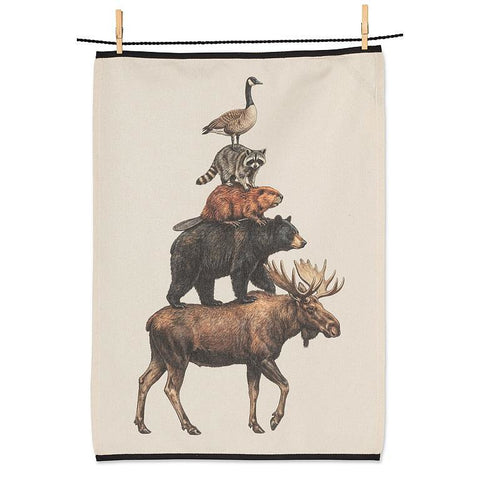 Tea towel with a stack of animals design on a white background