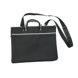 A black nylon laptop briefcase with dual top handles, a front zippered pocket, and a long adjustable shoulder strap, shown against a plain white background.