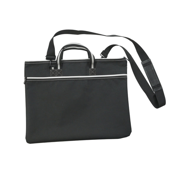 A black nylon laptop briefcase with dual top handles, a front zippered pocket, and a long adjustable shoulder strap, shown against a plain white background.