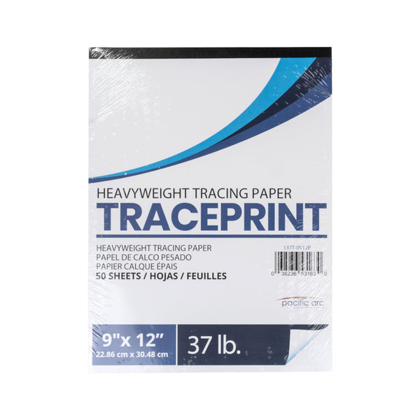 A package of Pacific Arc Heavyweight Traceprint paper, 9x12 inches, 37 lb, containing 50 sheets, wrapped in clear plastic.