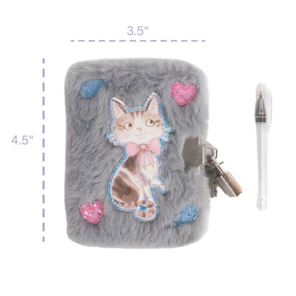 Great Pretenders Mini Plush Locked Journal & Pen - Grey Cuddle Cat