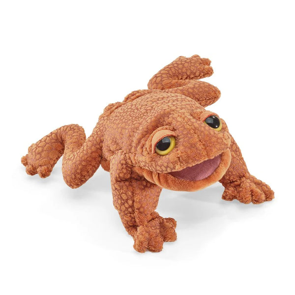 Brown plush frog toy on a white background