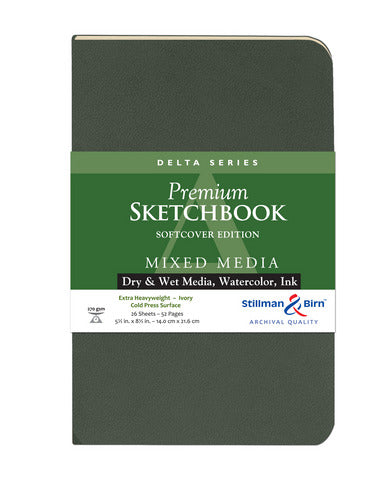 A Delta Series Premium Sketchbook in a dark charcoal gray-green cover, featuring a green and white paper label with product details and the Stillman & Birn logo.