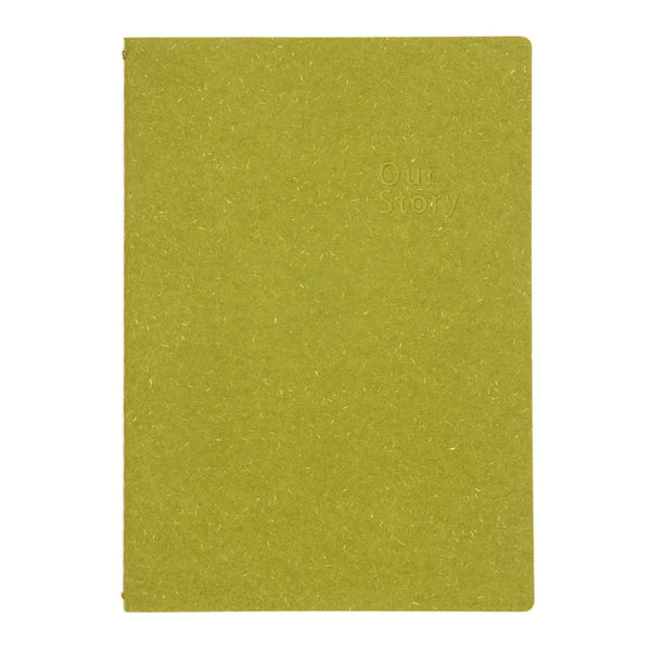 Green notebook with 'Our Story' branding on a white background