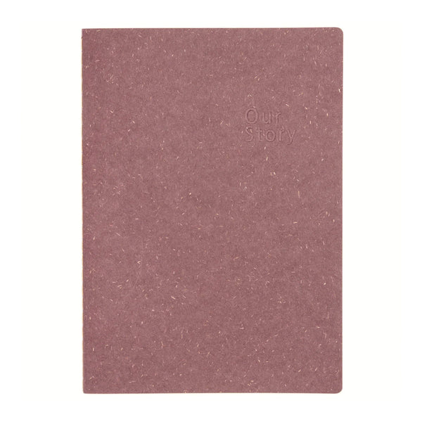 Violet notebook with 'Our Story' branding on a white background