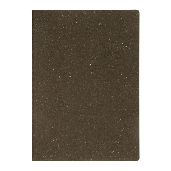 Brown textured notebook with 'Our Story' branding on a white background