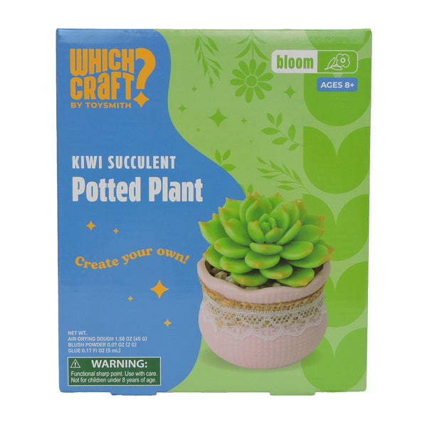 The retail packaging box for the 'Which Craft by Toysmith Kiwi Succulent Potted Plant'. The box features a bright blue and green design with a photo of the completed green succulent in a pink pot on the front.
