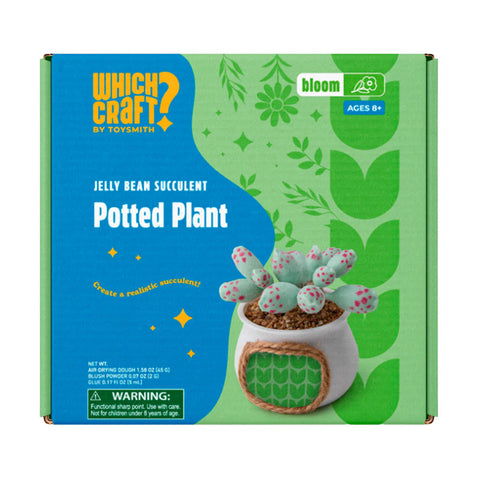 The product packaging box for a 'Which Craft? by Toymouth' Jelly Bean Succulent Potted Plant kit. The box features a bright blue and green design with illustrations of leaves and stars, and a photo of the completed craft product showing a small succulent in a white pot with a green leafy roof.