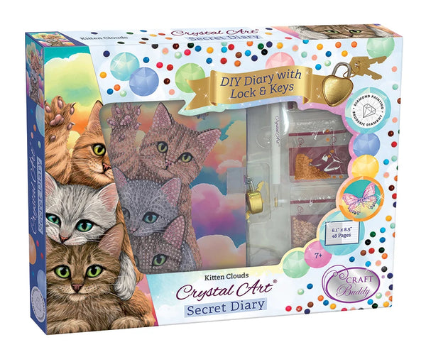 Crystal Art Locked Diary Kit - Kitten Clouds