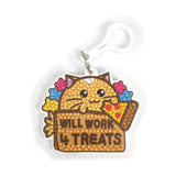 Crystal Art Bag Charm Fuzzballs - Cat, Will Work 4 Treats