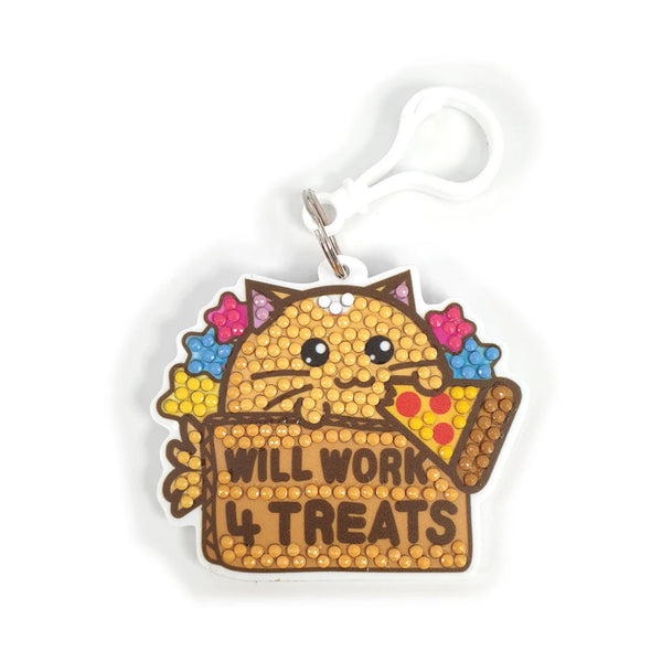 Crystal Art Bag Charm Fuzzballs - Cat, Will Work 4 Treats