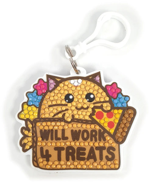 Crystal Art Bag Charm Fuzzballs - Cat, Will Work 4 Treats