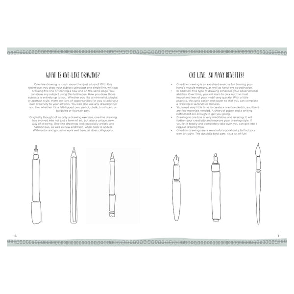 An open book or booklet showing two printed pages with text and line drawings of fountain pens. The left page has the heading 'WHY IS ONE LINE DRAWING?' and the right page has 'ONE LINE.