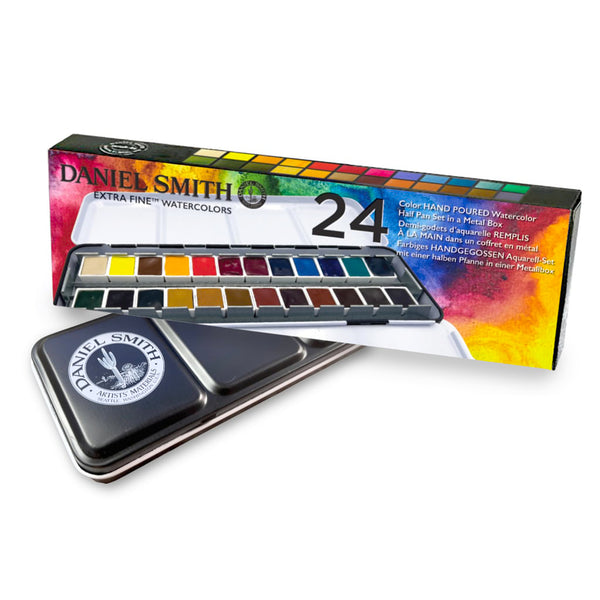 Daniel Smith 24-hand hand-poured watercolor paint set with its packaging and an open tin of mixed colors shown on a white background.