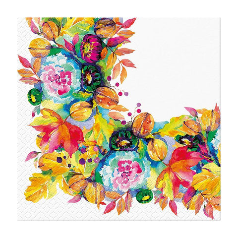 A square white paper napkin printed with a colorful watercolor autumn floral pattern in the top-left and bottom-left corners, leaving the center and right empty.