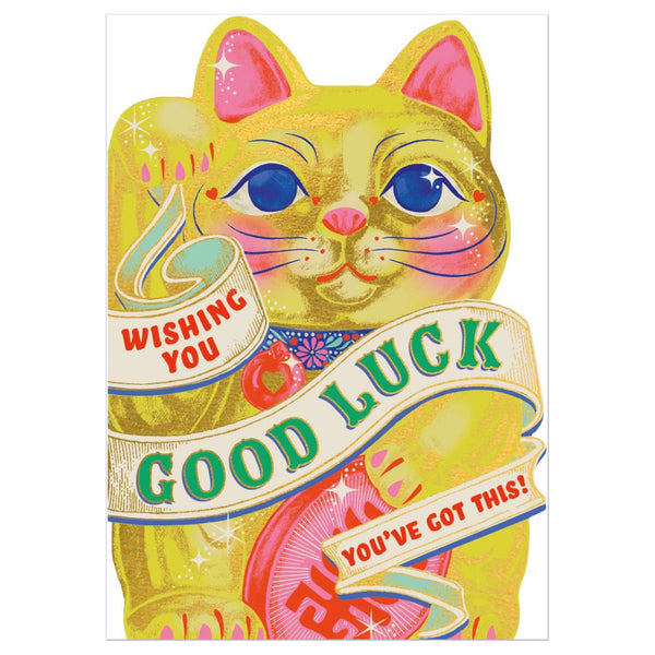 Art File Good Luck Greeting Card - Wishing You Good Luck, Waving Cat