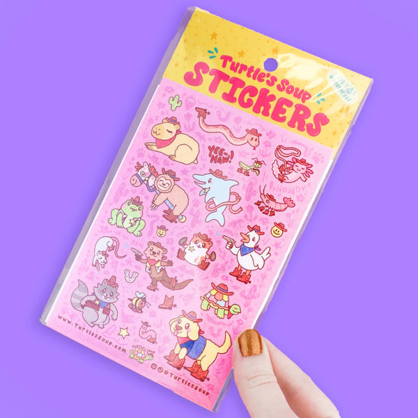 Turtle's Soup Glitter Vinyl Sticker Sheet - Cowboy Critters