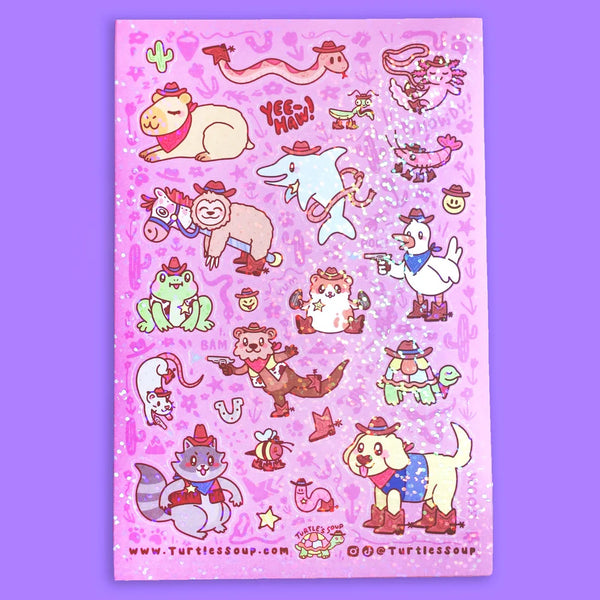 Turtle's Soup Glitter Vinyl Sticker Sheet - Cowboy Critters