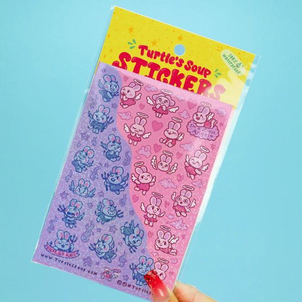 Turtle's Soup Glitter Vinyl Sticker Sheet - Kawaii Angel & Devil Bunnies