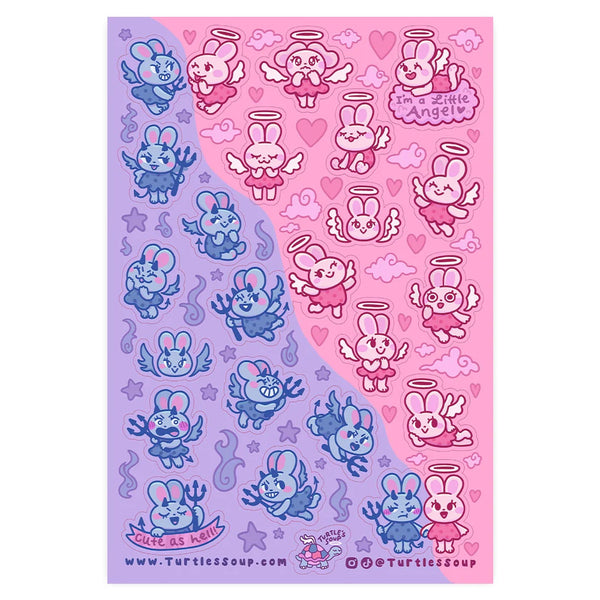 Turtle's Soup Glitter Vinyl Sticker Sheet - Kawaii Angel & Devil Bunnies