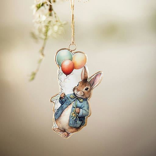 Abbott Hanging Metal Ornament - Easter Rabbit with Balloons