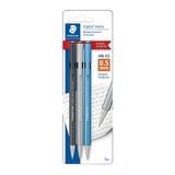 Three Staedtler Triplus Micro HB #2 mechanical pencils in silver, gray, and blue, packaged in a white, blue, and red cardboard blister pack on a white background.