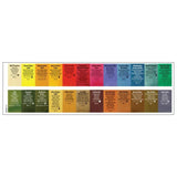 A color chart strip displaying multiple paint or pigment color options arranged in two rows, with text labels for each shade including names like Beige, Yellow, Orange, Red, Blue, Green, and Brown on a white background.