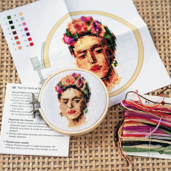 Kikkerland Mini Cross Stitch Embroidery Kit - Frida Kahlo
