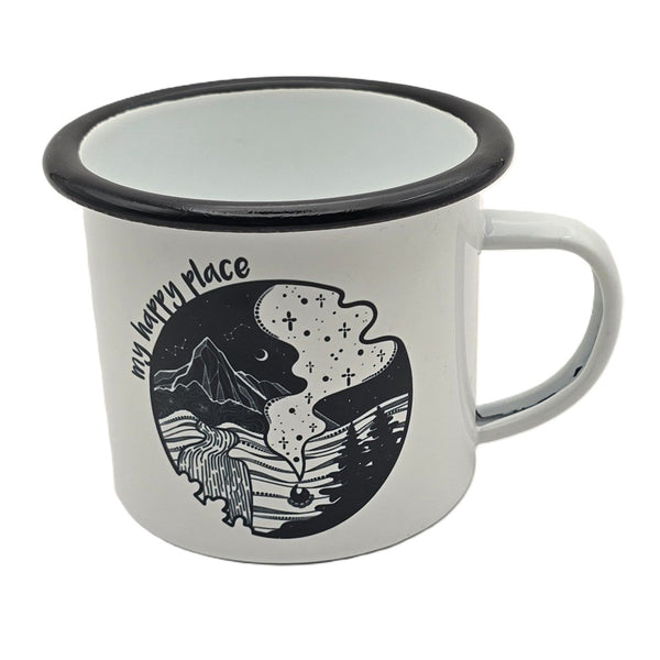 Mountain Mornings Enamel Camping Mug - My Happy Place, 12oz