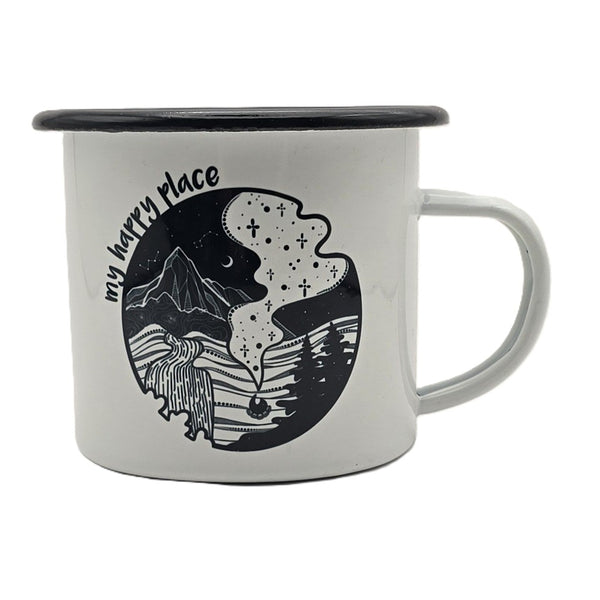 Mountain Mornings Enamel Camping Mug - My Happy Place, 12oz