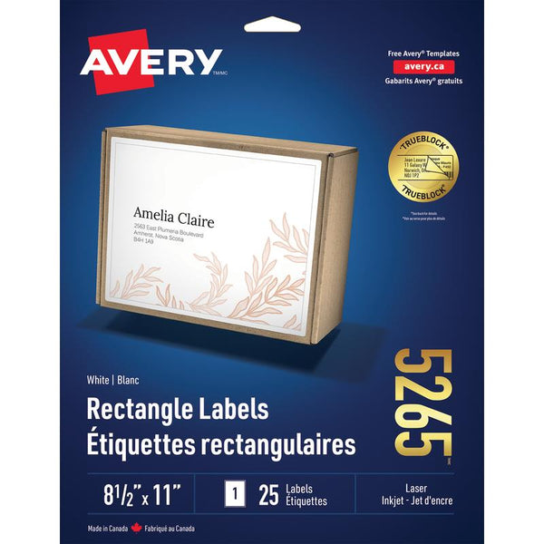 Avery Labels White Rectangle 11" x 8½" 25/pk