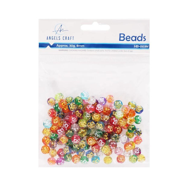 Angels Craft 8mm Beads, Approx 120-ct - Multi-Coloured Rose Engraved