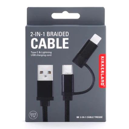 Kikkerland 2-in-1 Braided USB-C & Lightning Cable, Black