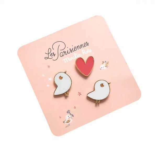 Moulin Roty Enamel Pins 3pk - Les Parisiennes Birds & Hearts