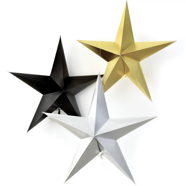 Amscan 3D Hanging Star Decorations - Black, Gold & Silver