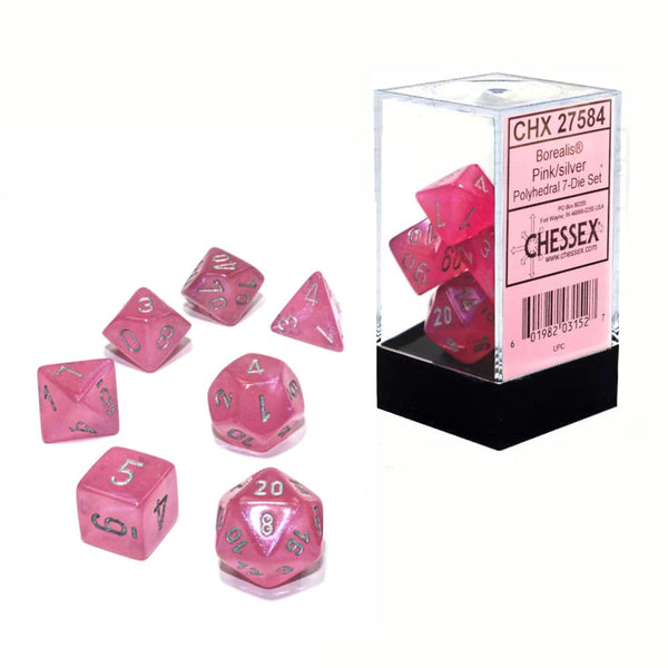 Chessex Borealis 7pc Polyhedral Dice Set - Pink & Silver Luminary