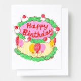 Yellow Owl Risograph Greeting Card - Happy Birthday Balloon Cake