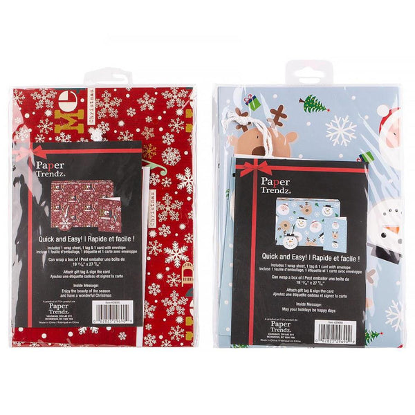 Paper Trendz Christmas Gift Wrap & Go Set with Greeting Card, Assorted
