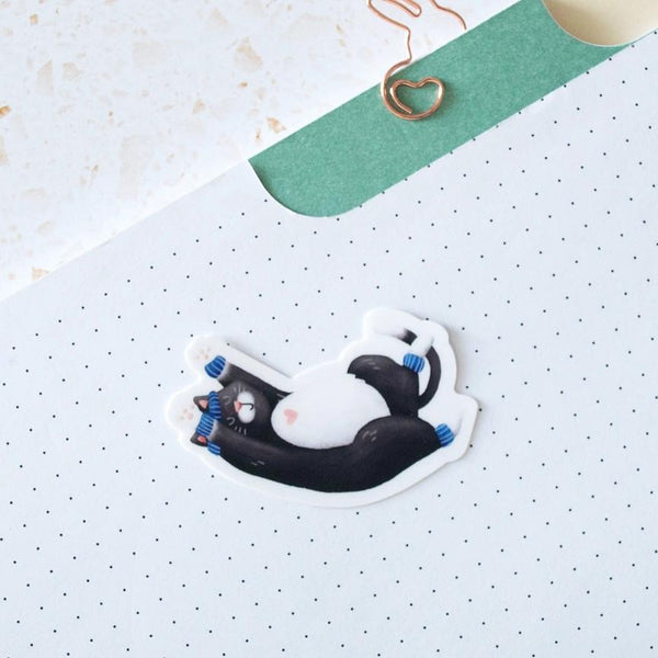Hop & Flop Vinyl Sticker - Exercising Tuxedo Cat