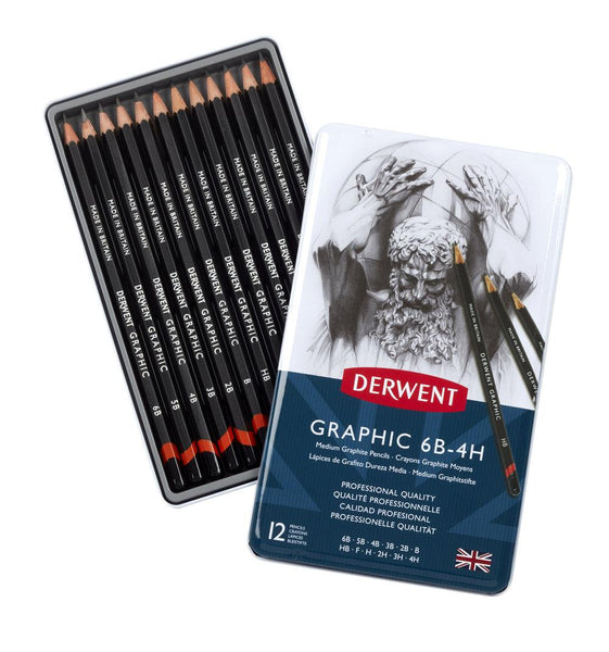 Derwent Graphic Medium Pencil 12 Tin Set - 6B to 4H