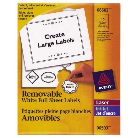 Avery Label Laser Full-Sheet Removable 8.5"x11" White 10pk