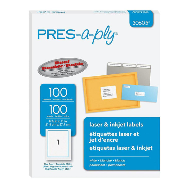Avery Pres-A-Ply Labels Laser 8.5"x11" Full Sheet White