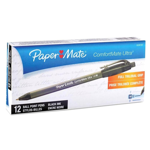 Paper Mate ComfortMate Retractable Ballpoint Pens, Medium Black 12pk