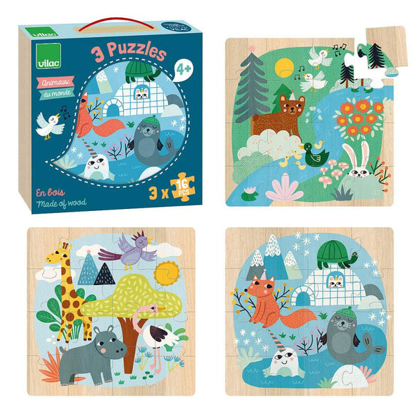Vilac Wooden Puzzles Set of 3 x 16pc Animauz du Monde (Animals of the World)