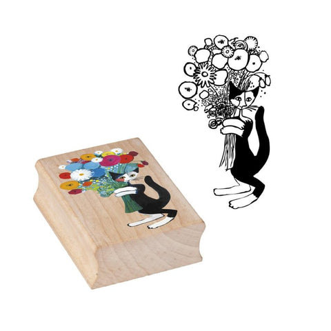 Fridolin Wooden Rubber Art Stamp - Wachtmeister, Cat with Flowers