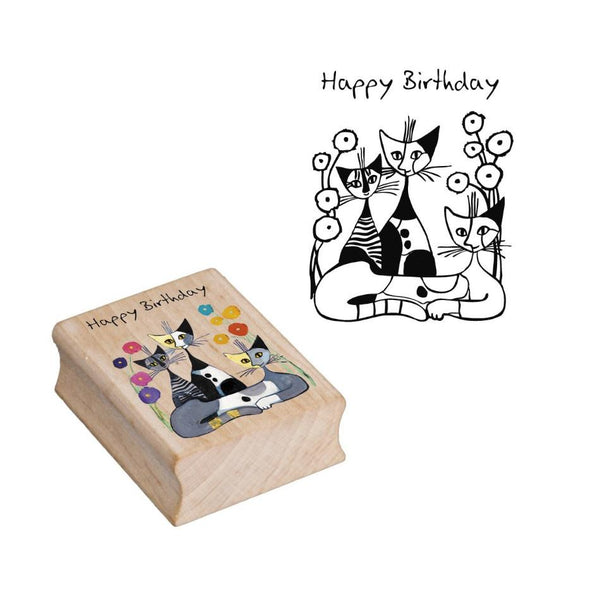 Fridolin Wooden Rubber Art Stamp - Wachtmeister, Happy Birthday Cats